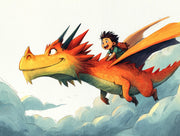 Illustration of a child riding a dragon flying above clouds