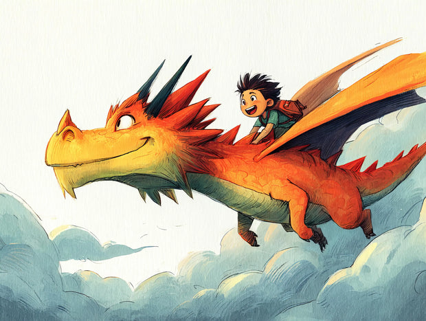 Illustration of a child riding a dragon flying above clouds
