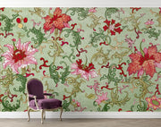 Decorative wallpaper with floral pattern and a purple chair in front.