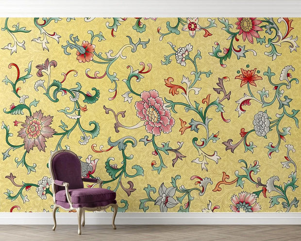 Decorative floral wallpaper with a purple chair in front