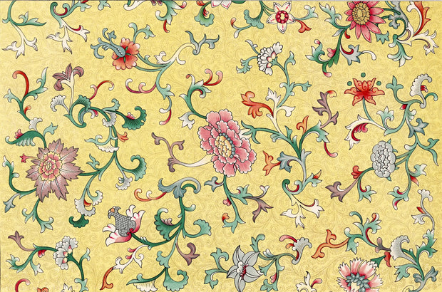 Decorative floral pattern with colorful flowers and swirls on a yellow background