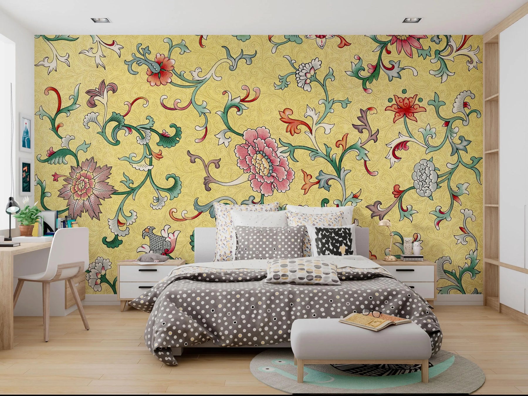 Bedroom with floral wallpaper on a yellow background