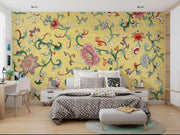 Bedroom with floral wallpaper on a yellow background