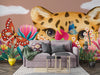 Living room with a large wall mural of a cheetah's face, colorful butterflies, and flowers.