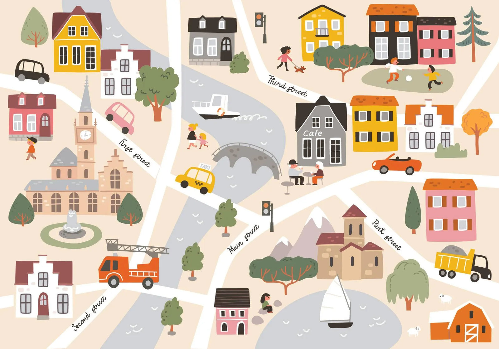 Illustrated map of a small town with buildings, roads, and vehicles.