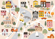 Illustrated map of a small town with buildings, roads, and vehicles.