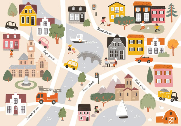 Illustrated map of a small town with buildings, roads, and vehicles.