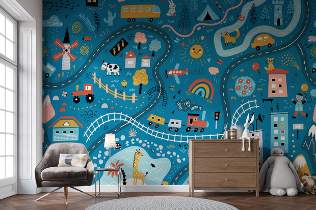 Children's room with a colorful wall mural featuring vehicles, animals, and landscapes.