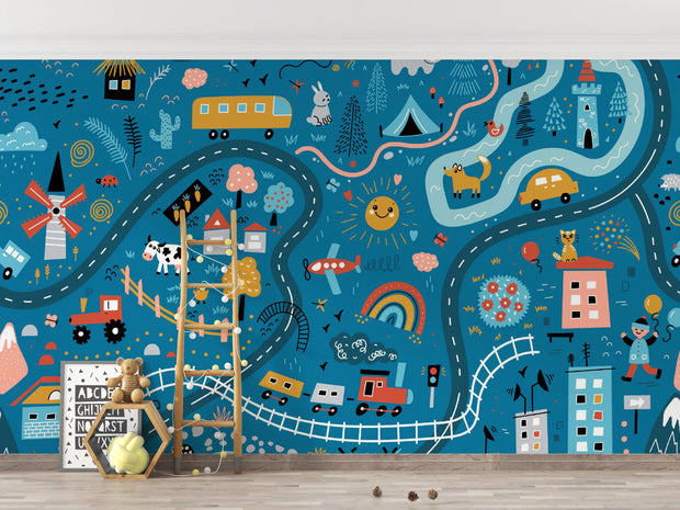 Children's mural with colorful road, vehicles, and animals on a blue background