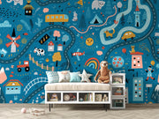 Children's room with a colorful wall mural featuring various elements like animals, vehicles, and buildings.
