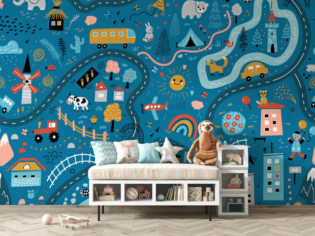 Children's room with a colorful wall mural featuring various elements like animals, vehicles, and buildings.