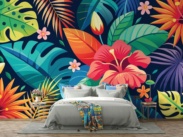 Bedroom with a vibrant tropical floral wall mural.