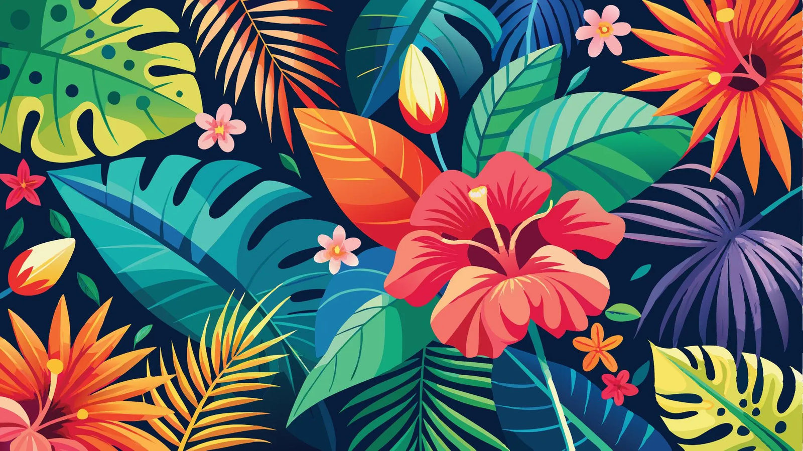 Colorful tropical leaves and flowers on a dark background