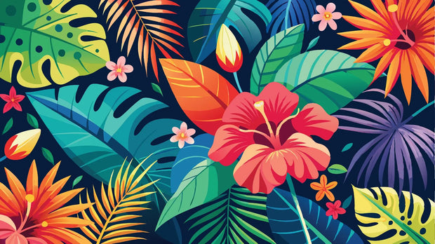 Colorful tropical leaves and flowers on a dark background
