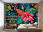 Colorful tropical floral wall mural in a bedroom setting.