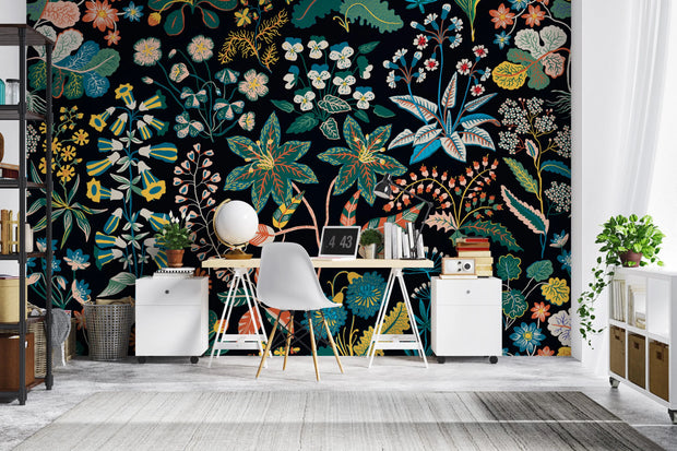 Colorful floral wallpaper in a home office setting with a desk and chair.