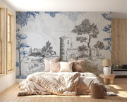 Bedroom with decorative wall mural featuring trees and buildings