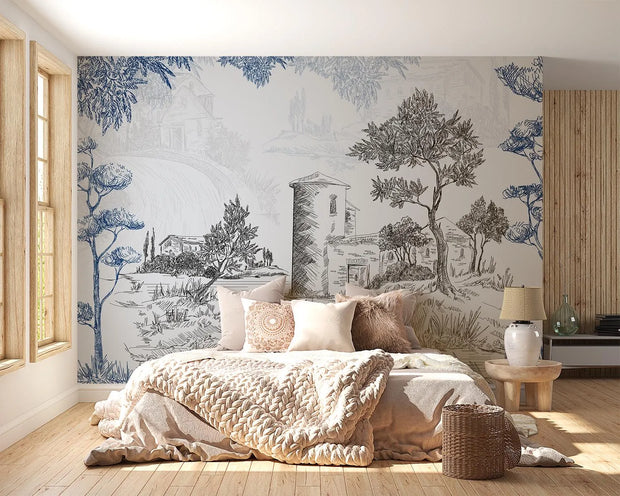 Bedroom with decorative wall mural featuring trees and buildings