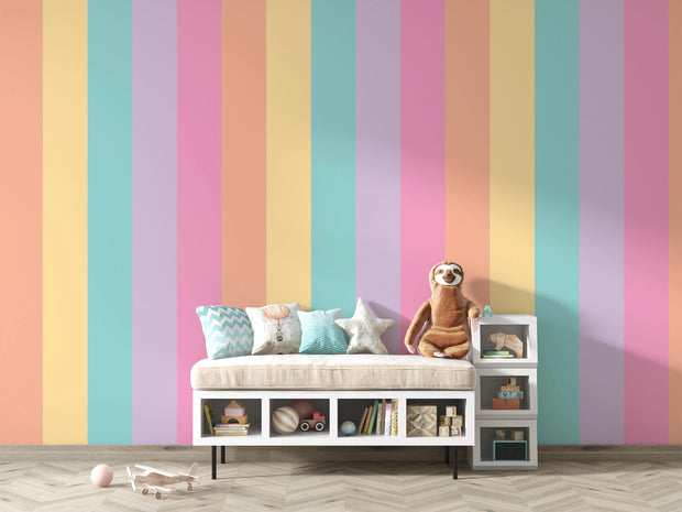 Children's room with pastel striped wallpaper, a bench, and toys.
