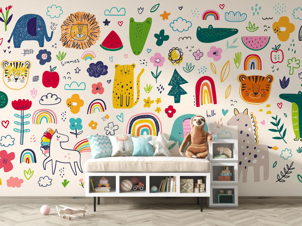 Children's room with colorful animal-themed wallpaper and furniture.