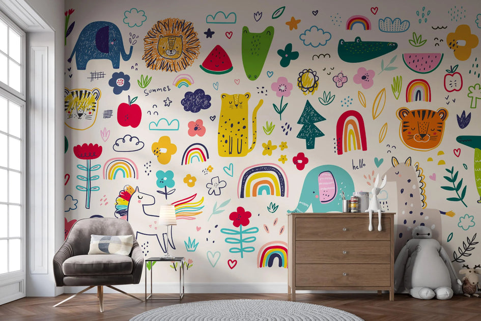 Colorful jungle animals wall mural | Nursery wallpaper – Mural Wonder