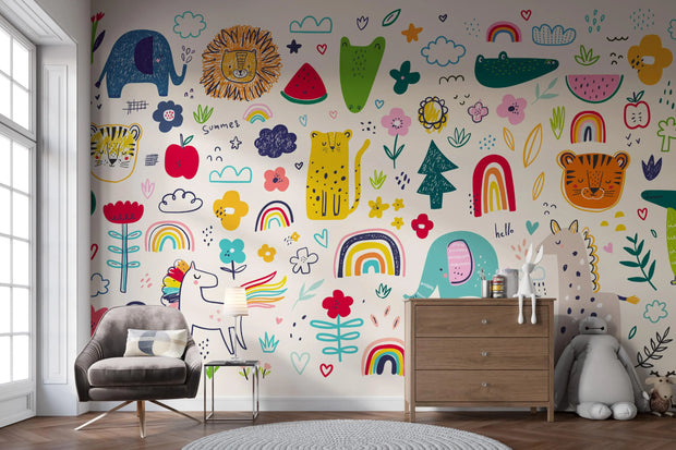 Children's room with colorful animal and nature-themed wallpaper.