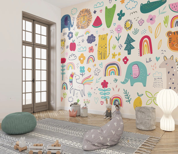 Children's room with colorful wall mural featuring animals and nature elements.
