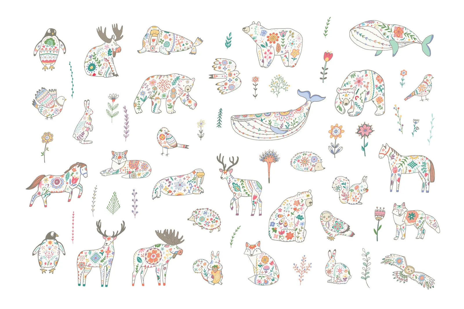 Colorful animal illustrations with floral patterns on a white background