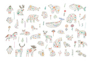 Colorful animal illustrations with floral patterns on a white background
