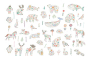Colorful animal illustrations with floral patterns on a white background