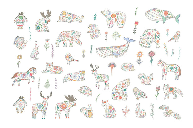 Colorful animal illustrations with floral patterns on a white background