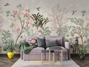 Cream Chinoiserie Birds and Blossom Wall Mural – living room with a grey sofa mock-up