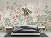 Cream Chinoiserie Birds and Blossom Wall Mural – bedroom with grey bedding mock-up