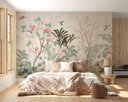 Cream Chinoiserie Birds and Blossom Wall Mural – bedroom with neutral bedding mock-up