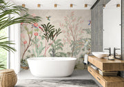 Cream Chinoiserie Birds and Blossom Wall Mural – bathroom with a freestanding bath mock-up