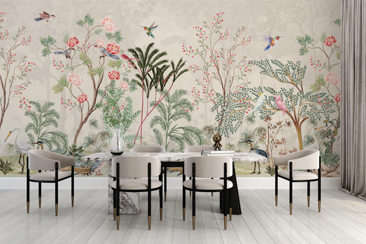 Cream Chinoiserie Birds and Blossom Wall Mural – dining room with a long table mock-up