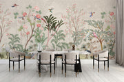 Cream Chinoiserie Birds and Blossom Wall Mural – dining room with a long table mock-up