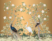 Golden Chinoiserie Peacock & Egret Wall Mural