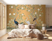 Golden Chinoiserie Peacock & Egret Wall Mural