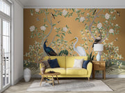Golden Chinoiserie Peacock & Egret Wall Mural