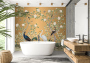 Golden Chinoiserie Peacock & Egret Wall Mural