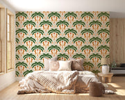 Leopard and Palm Pattern Wall Mural – bedroom with a pale upholstered bed mock-up