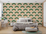 Leopard and Palm Pattern Wall Mural – bedroom with a patterned duvet and desk mock-up