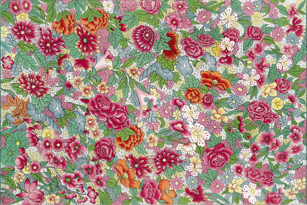 Colorful floral pattern with various flowers in a dense arrangement.
