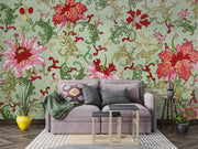Living room with a floral wallpaper, gray sofa, and decorative elements.