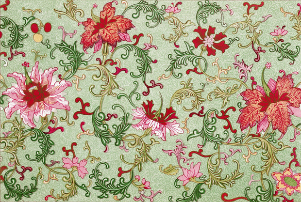 Decorative fabric pattern with pink and red flowers on a green background