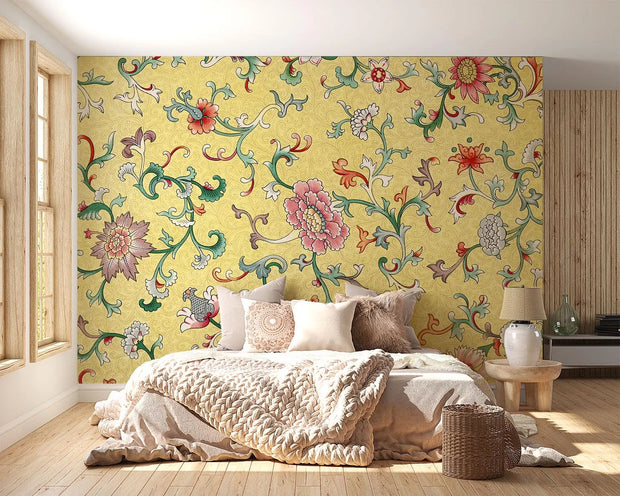 Bedroom with a colorful floral wall mural on a yellow background