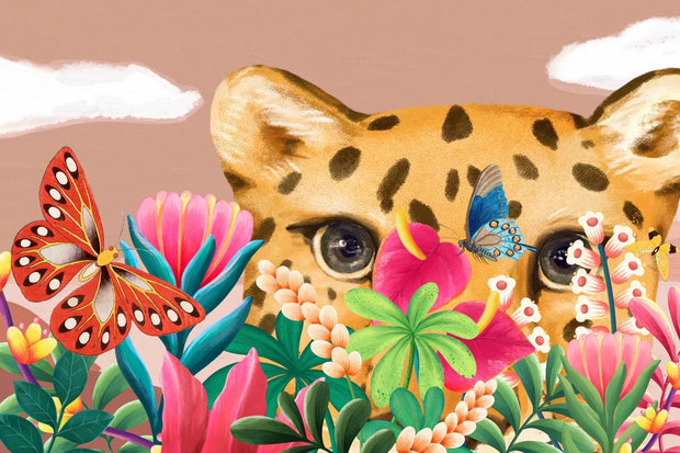 Leopard surrounded by colorful flowers and butterflies on a pink background
