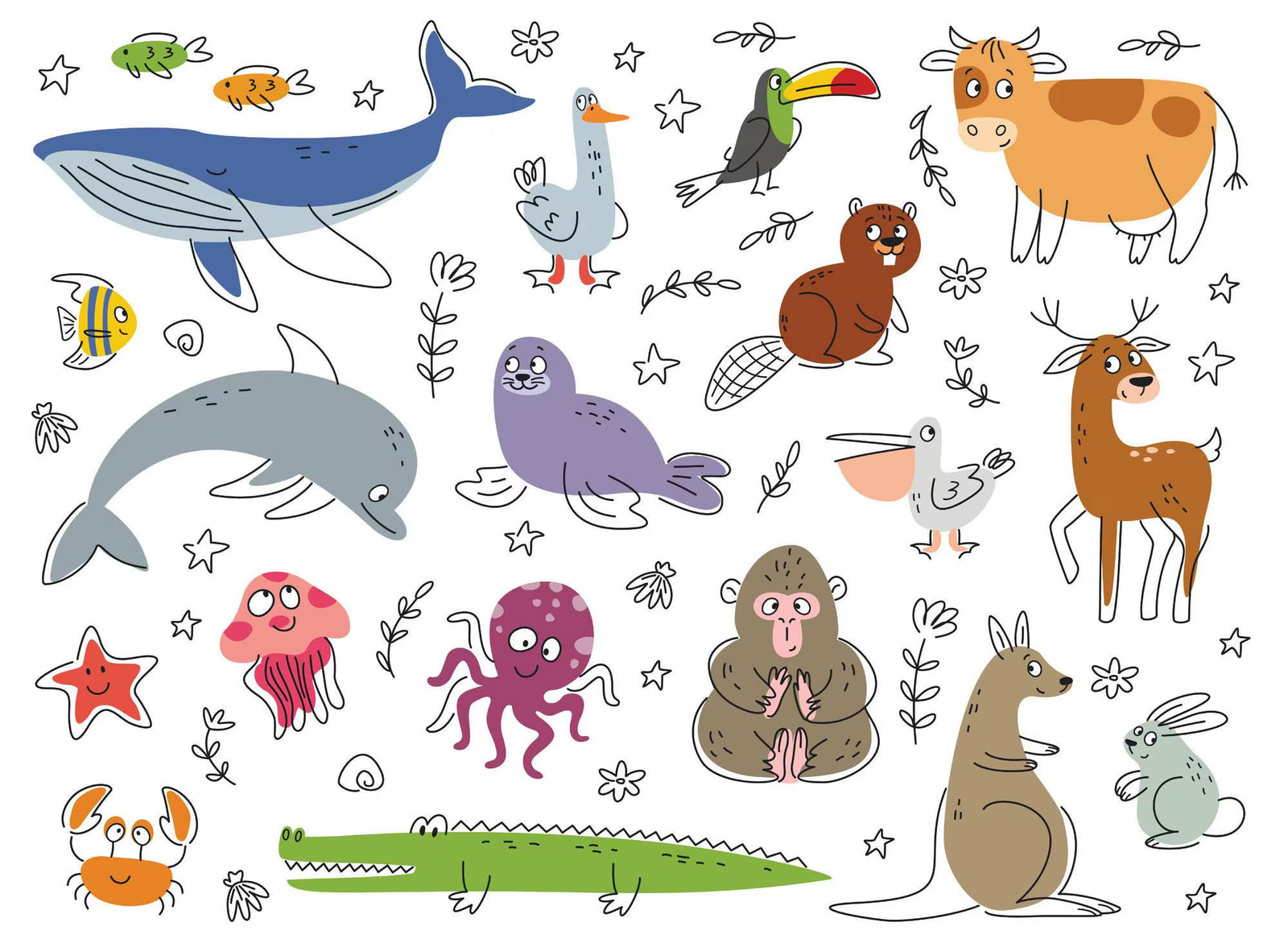 Illustrations of various animals on a white background