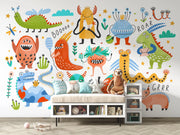 Children's room with colorful monster wall mural and furniture.
